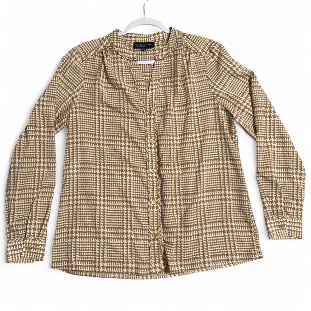 Jones New York Collection Beige Plaid Button Down Blouse Size  12